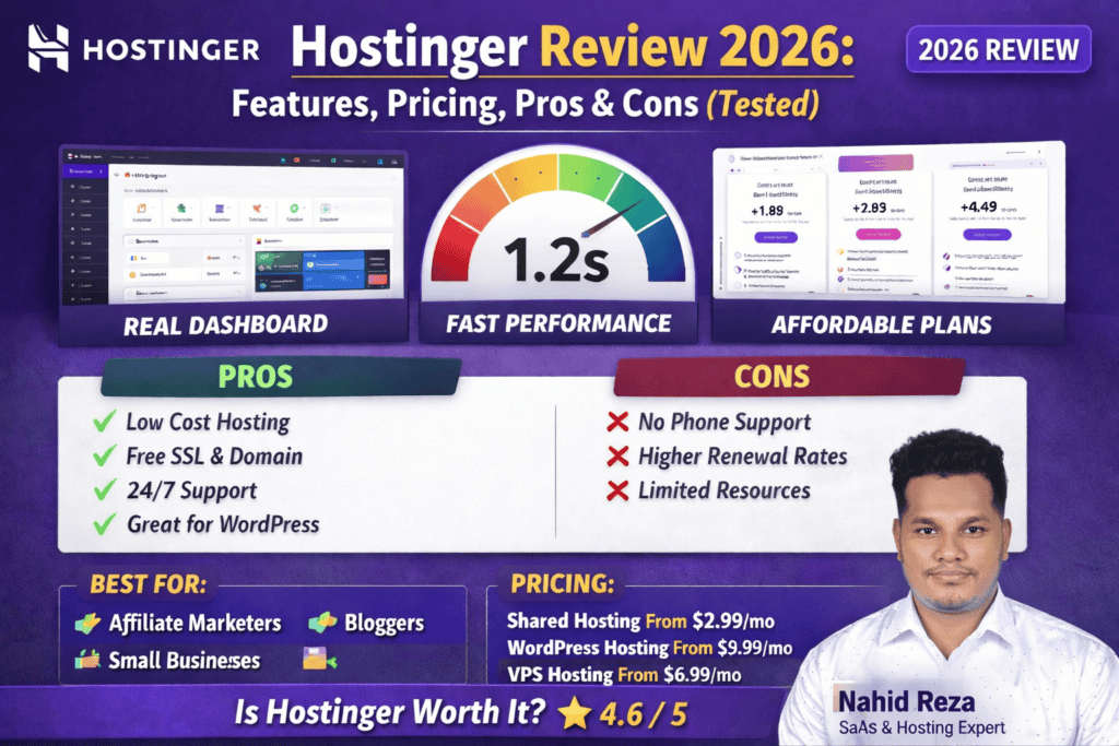 Hostinger Review 2026 dashboard, pricing, performance, pros and cons
