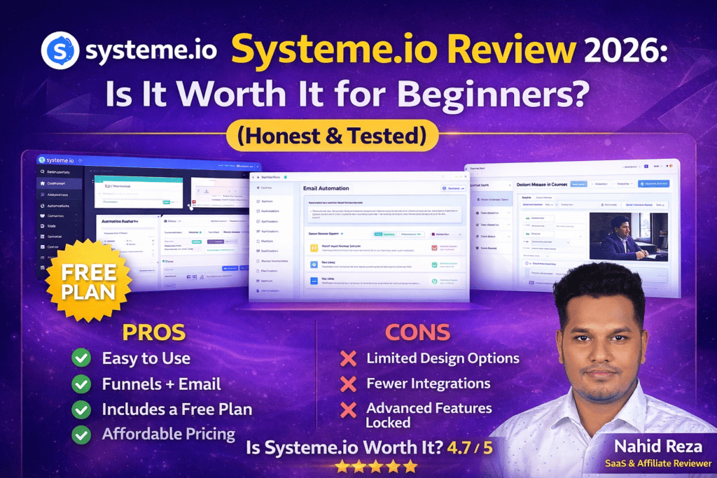 Systeme.io review dashboard, funnel builder, pricing, pros and cons
