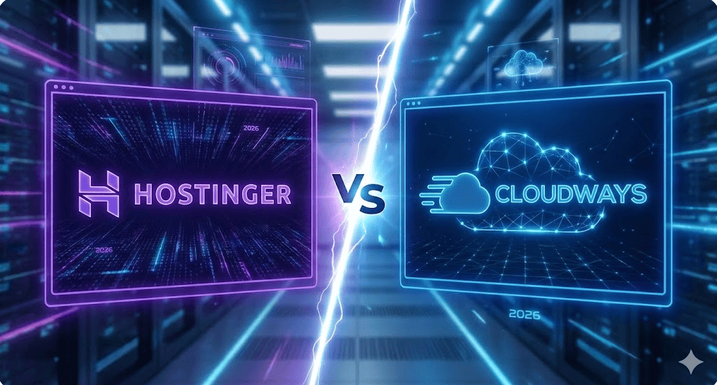 Hostinger vs Cloudways comparison background 2026