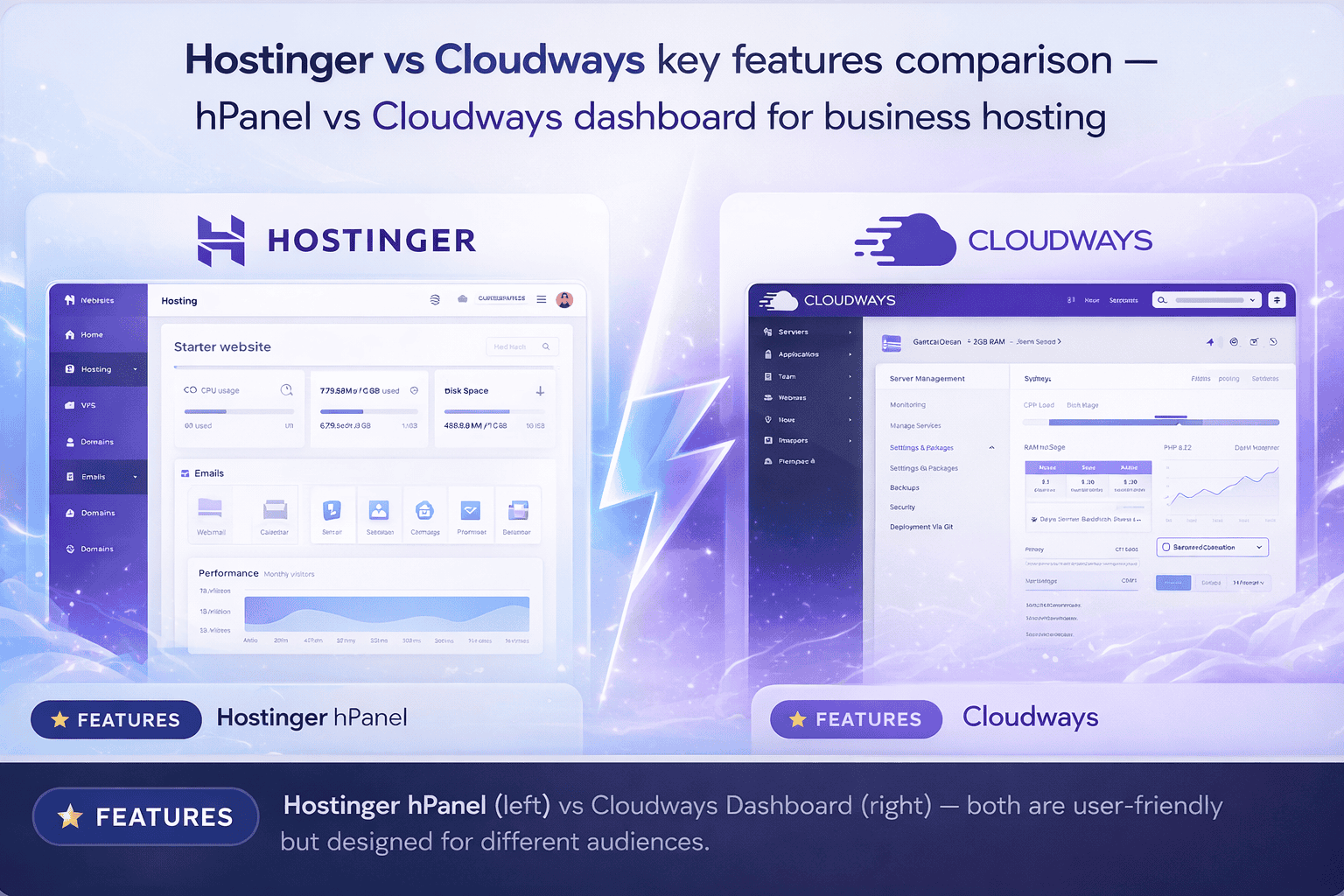 Hostinger vs Cloudways key features comparison — hPanel vs Cloudways dashboard for business hosting