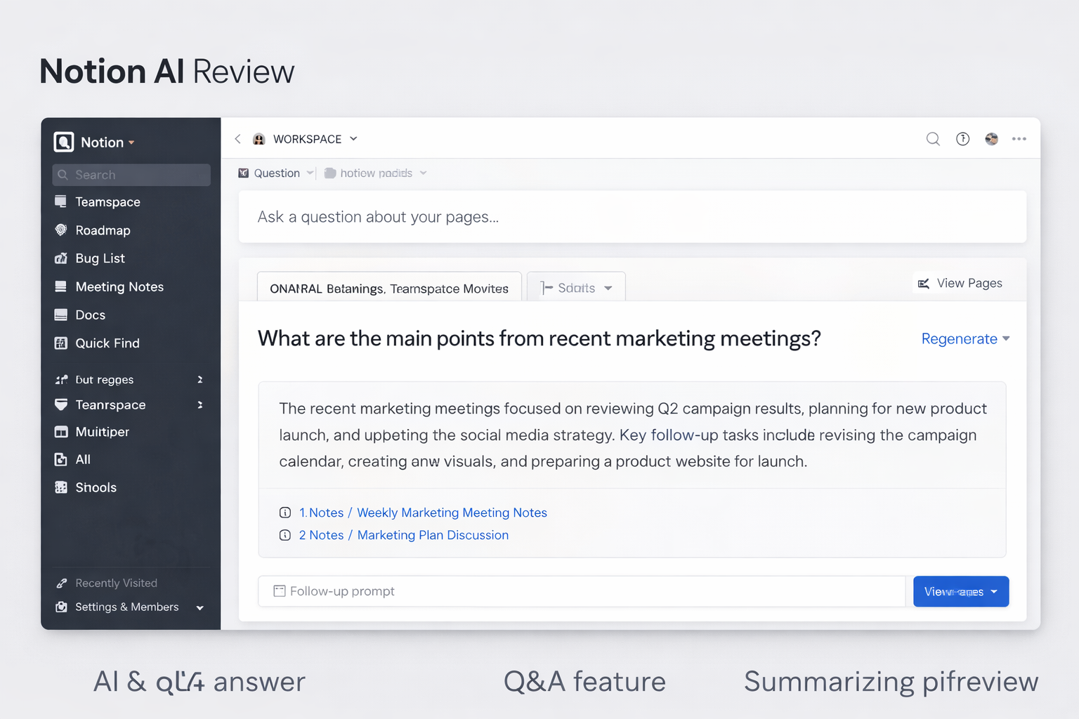 Notion AI review — Q&A feature showing AI answering workspace questions and summarizing meeting notes across multiple Notion pages