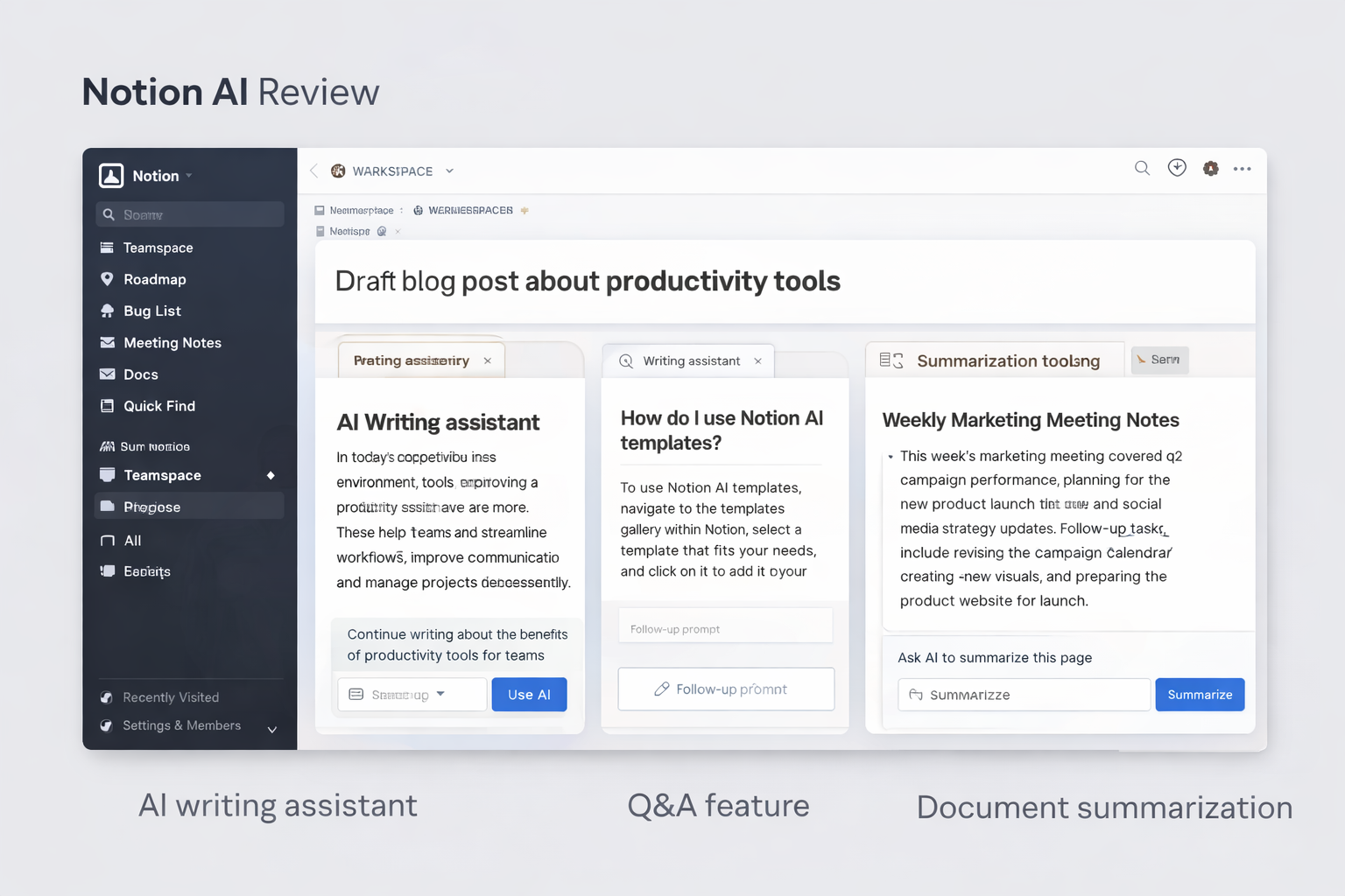 Notion AI review — workspace dashboard showing AI writing assistant, Q&A feature, and document summarization in a team workspace