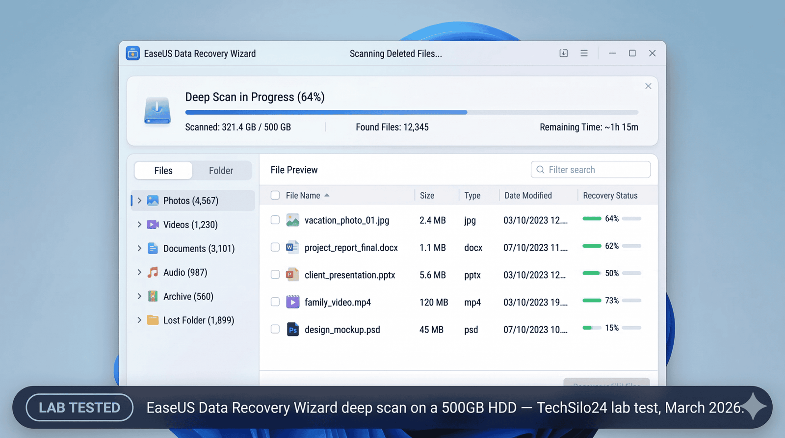 EaseUS data recovery review 2026 — EaseUS Data Recovery Wizard scan results recovering deleted files on Windows 11