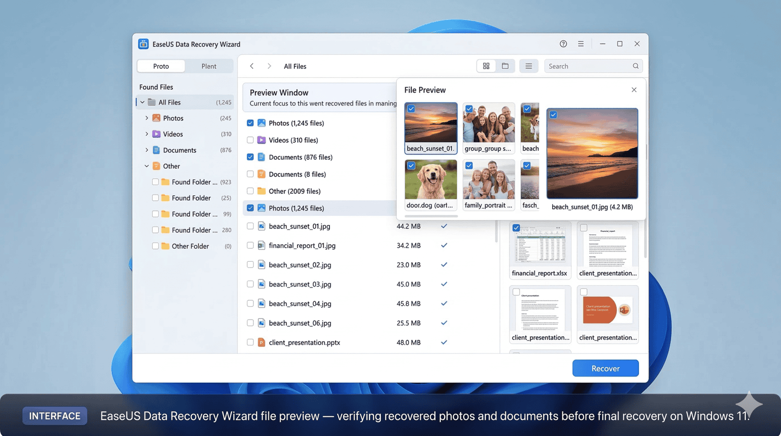 EaseUS Data Recovery Wizard interface showing file preview panel to recover deleted files on Windows 11 — EaseUS data recovery review
