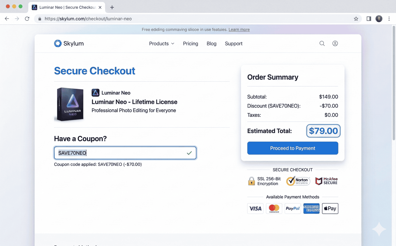 Skylum Coupon Code 2026 checkout page with discount applied