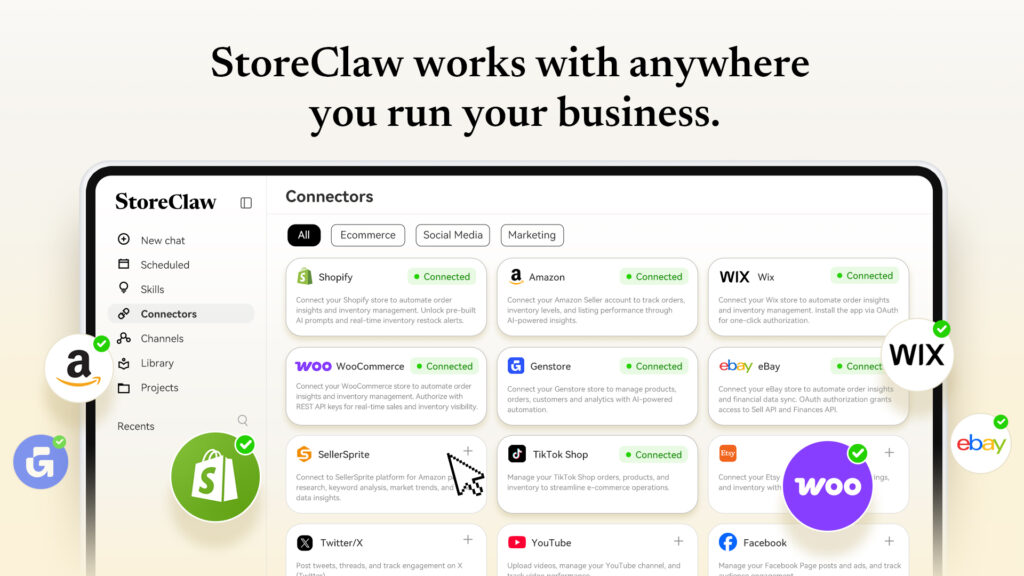 StoreClaw overview slide listing ready-made AI skills, LLM chat, connectors, scheduling and skills