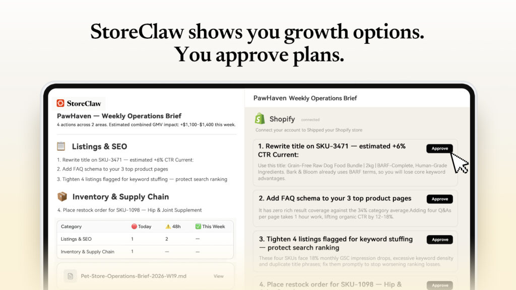 StoreClaw demo store health check showing a score of 58 out of 100 with critical, warning and info issues